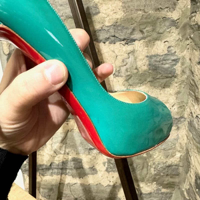 Christian Louboutin Teal Patent Leather Very Privé Peep Toe Pumps