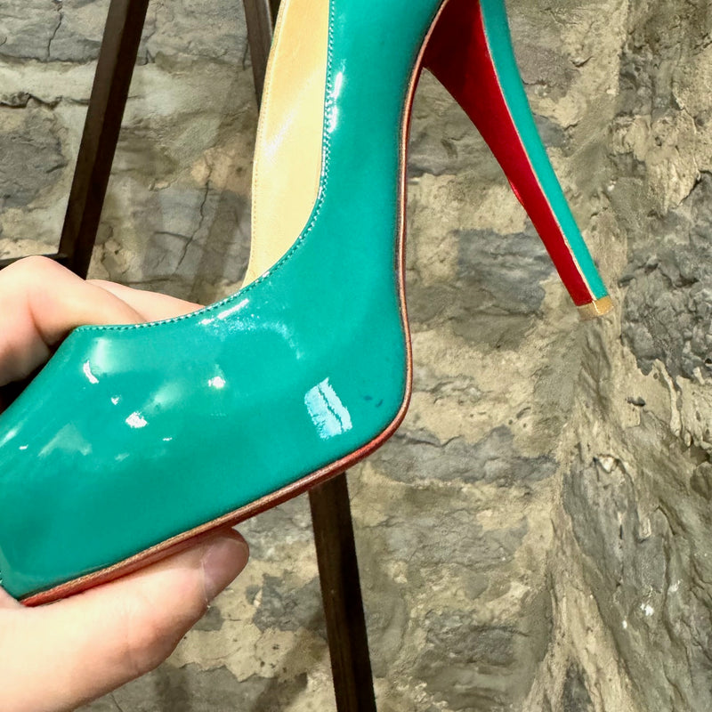 Christian Louboutin Teal Patent Leather Very Privé Peep Toe Pumps