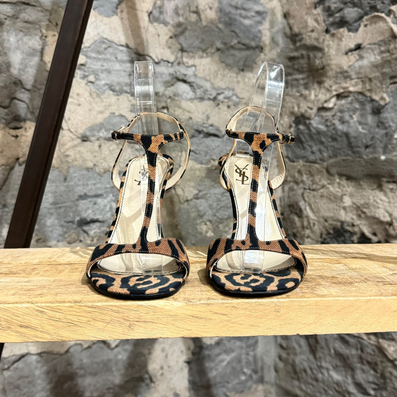 Yves Saint Laurent Leopard Print Cloth Heeled Sandals