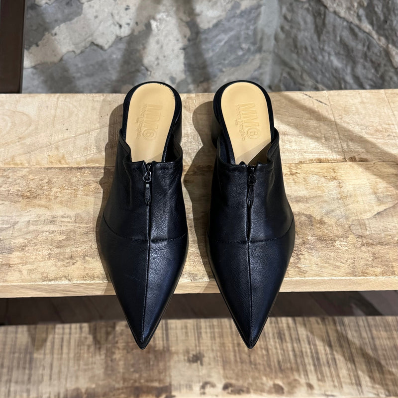 MM6 Black Leather Heeled Pointy Mules