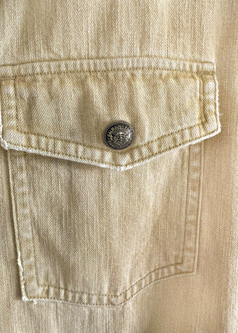 Chemise à boutons-pression en denim vieilli beige Balmain