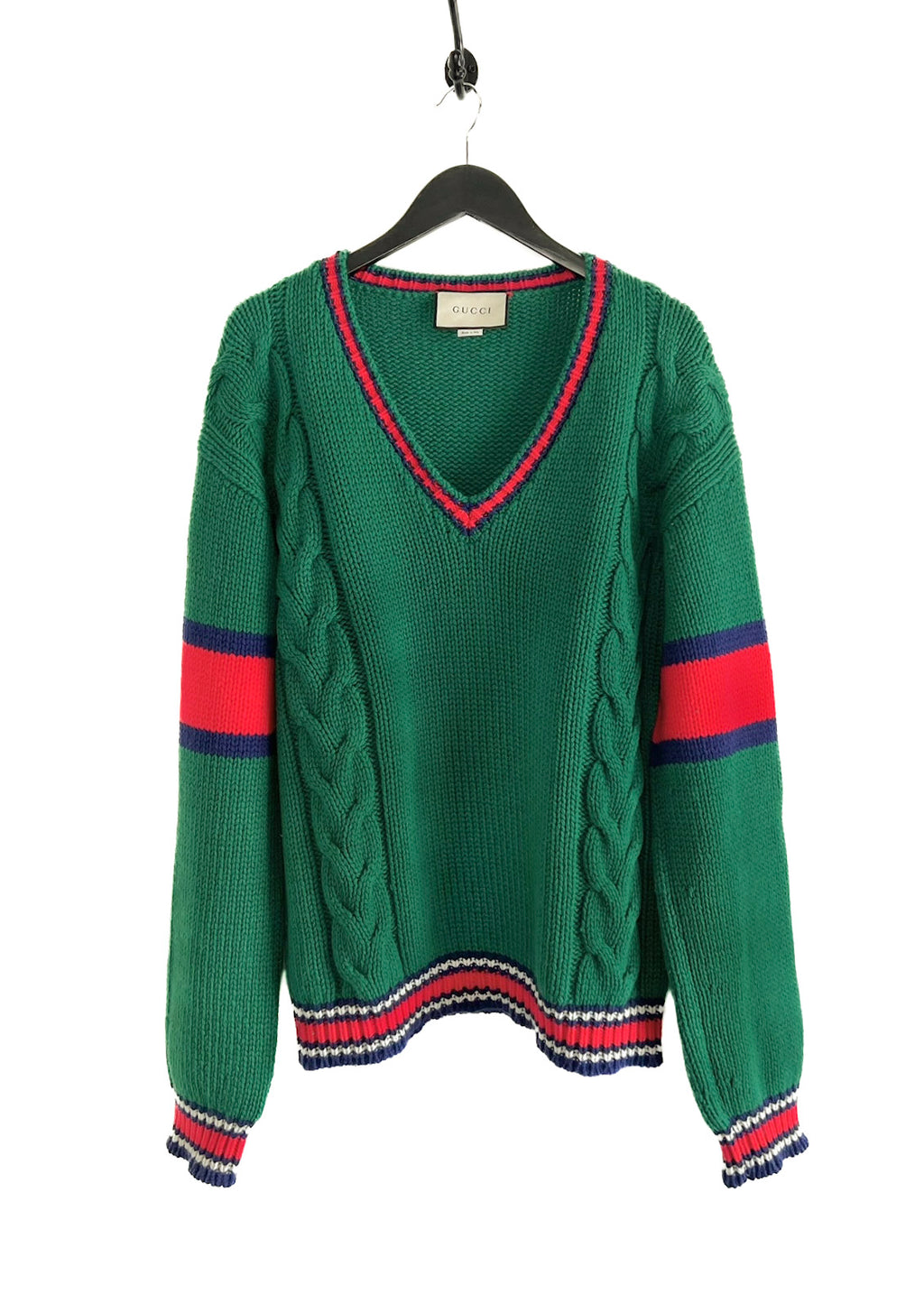 Gucci Green Wool Cable Knit V-neck Oversized Sweater