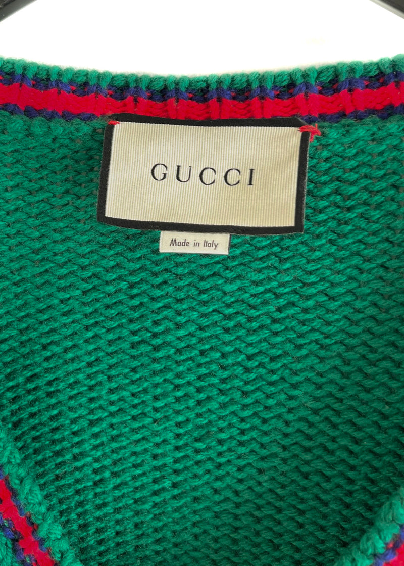 Gucci Green Wool Cable Knit V-neck Oversized Sweater