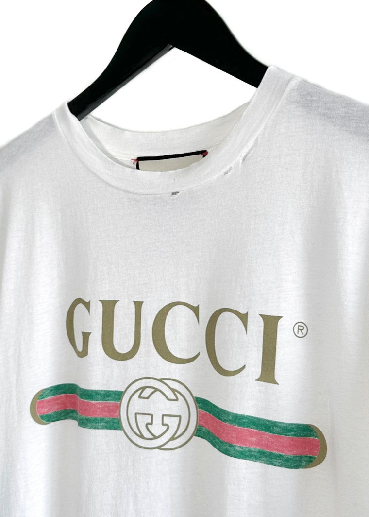 T-shirt surdimensionné en détresse brodé de fleurs à logo blanc Gucci