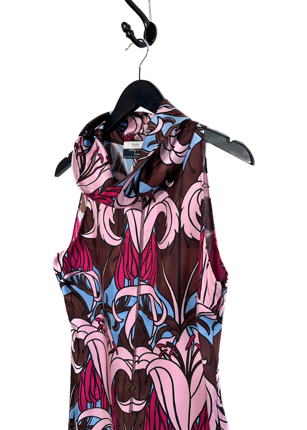 Prada FW03 Holliday Brown Collab Pink Silk Floral Print Sleeveless Dress