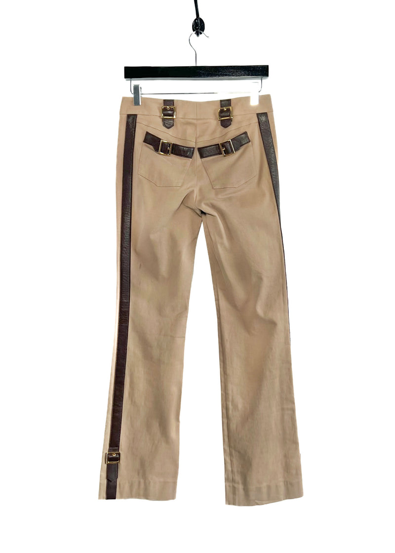 Dolce & Gabbana Beige Twill Trouser with Brown Leather Trims