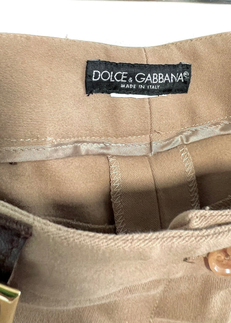 Pantalon en sergé beige Dolce & Gabbana avec bordures en cuir marron