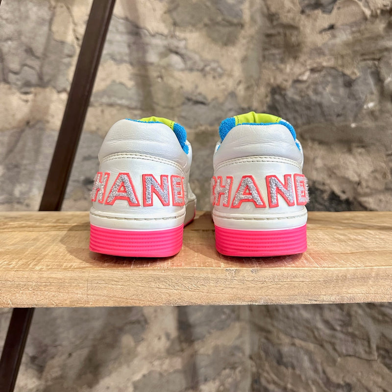 Chanel 2020 White Pink Fluo Logo Embroidered Low-top Sneakers