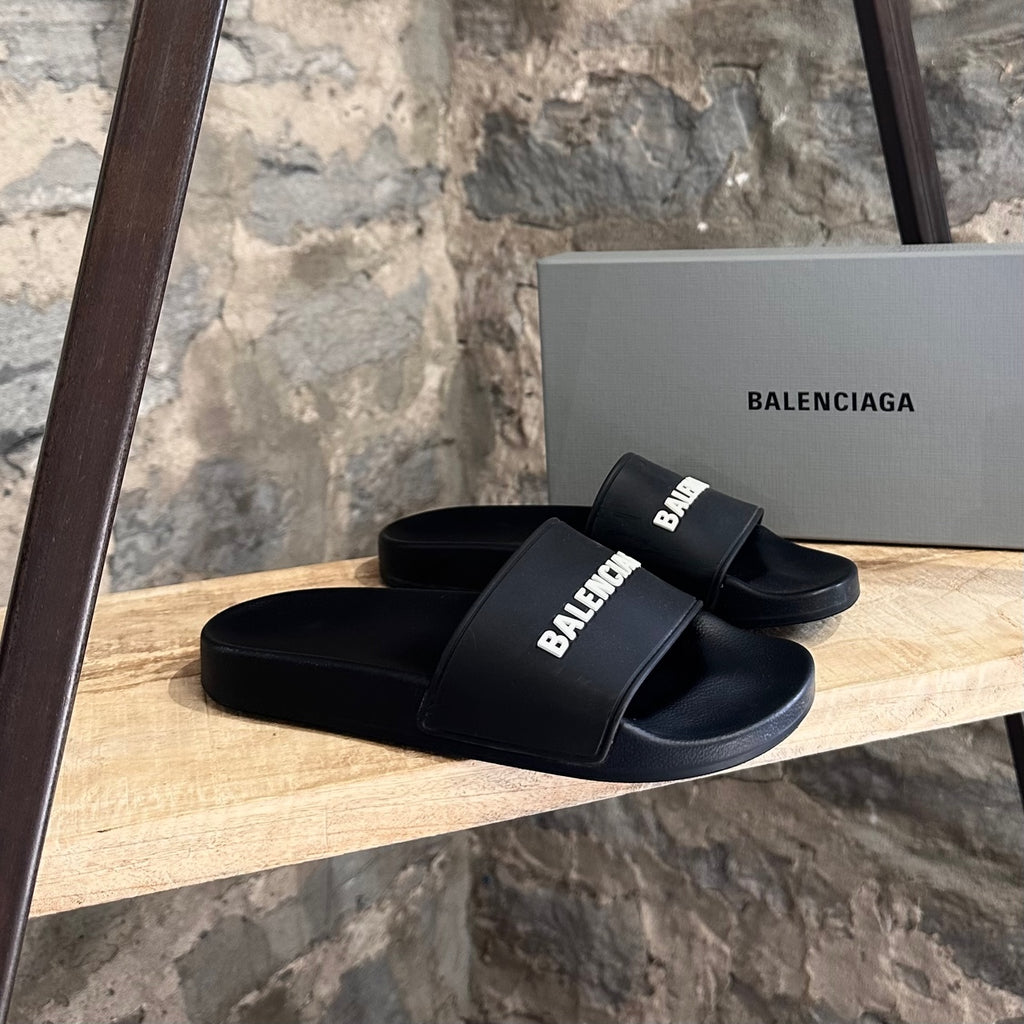 Balenciaga Black Logo Rubber Pool Slides Sandals