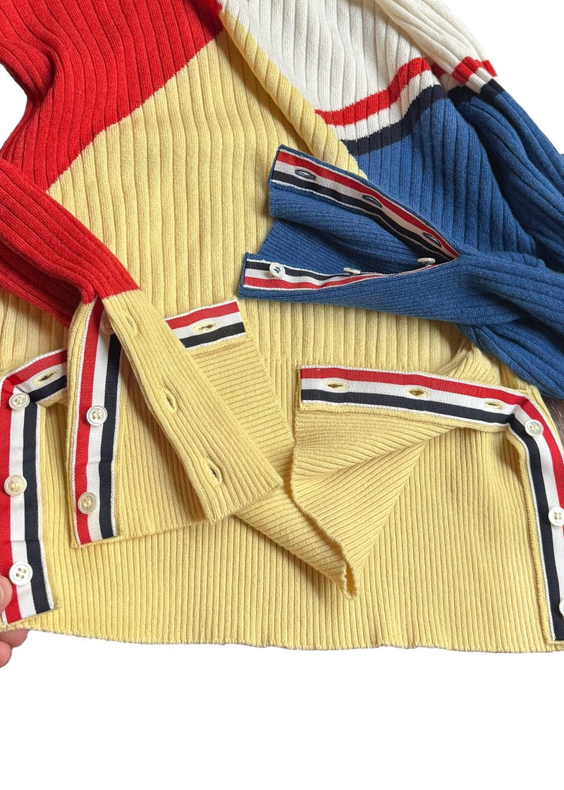 Close-up on Thom Browne Multicolour Yellow Red Blue Ribbed Cashmere Sweater