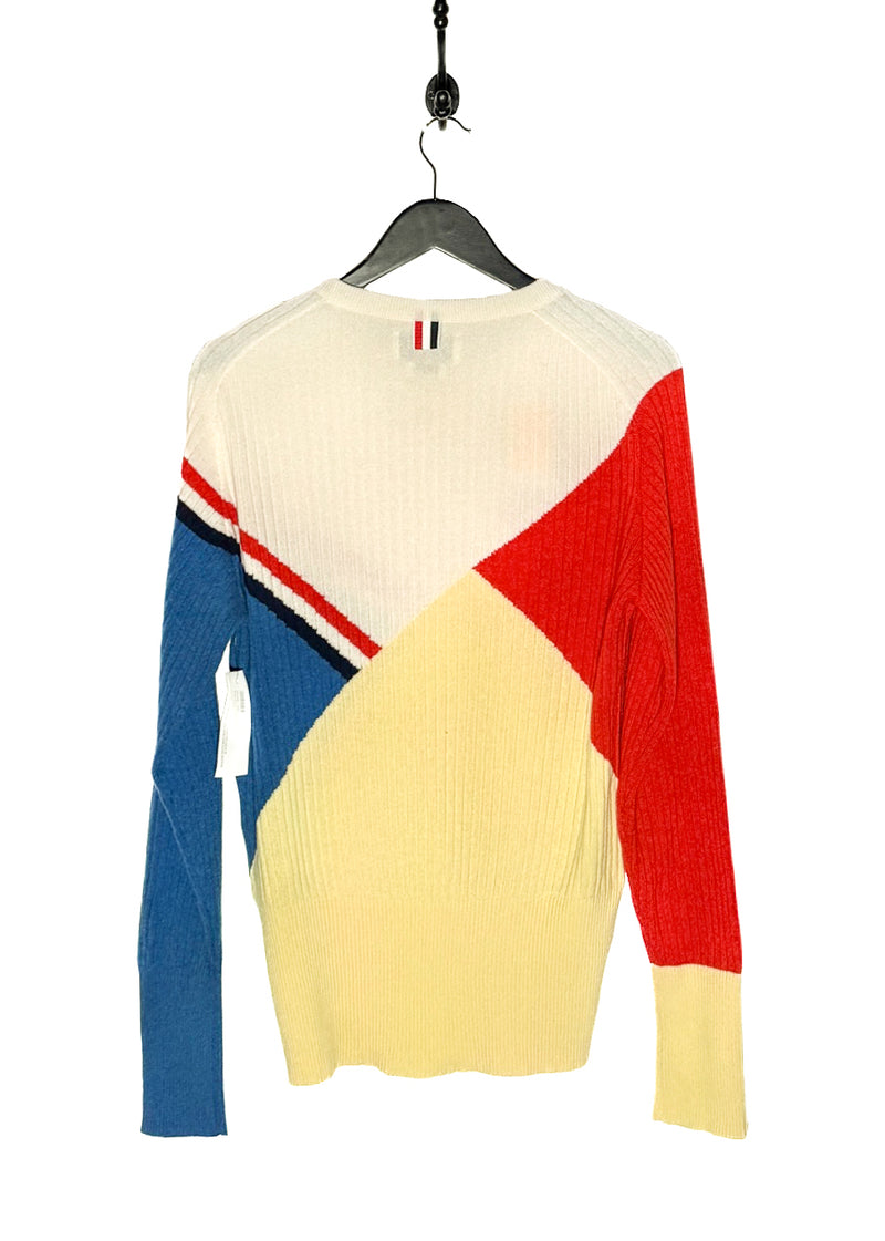 Back view of Thom Browne Multicolour Yellow Red Blue Ribbed Cashmere Sweater