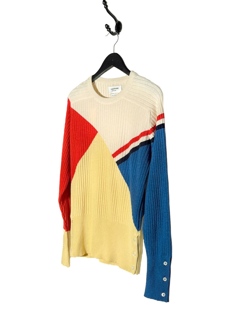 Side front view of Thom Browne Multicolour Yellow Red Blue Ribbed Cashmere Sweater