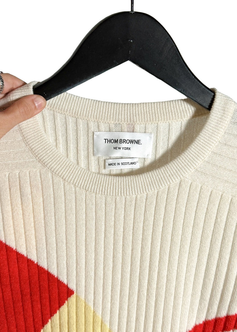 Collar area of Thom Browne Multicolour Yellow Red Blue Ribbed Cashmere Sweater