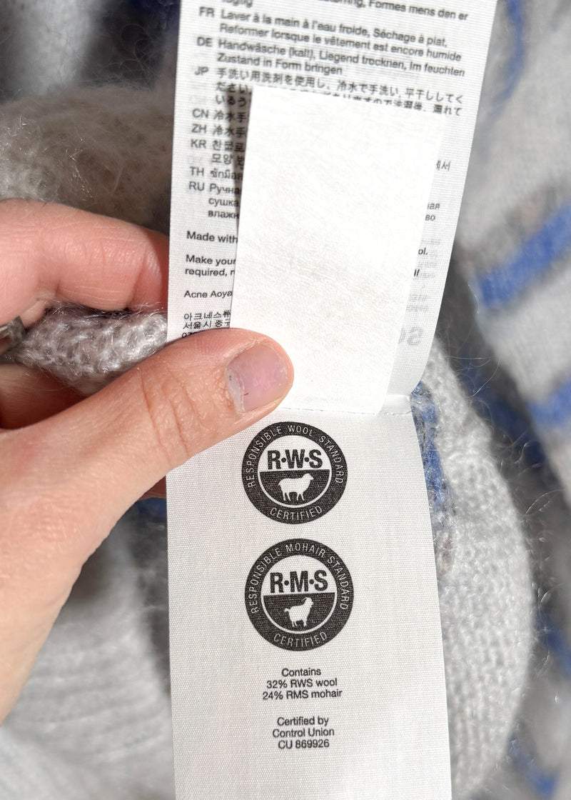 responsible mohair certification label of Acne Studios Blue Striped Mohair Blend Light Grey Knit Sweater