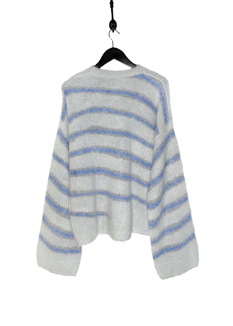 back of Acne Studios Blue Striped Mohair Blend Light Grey Knit Sweater