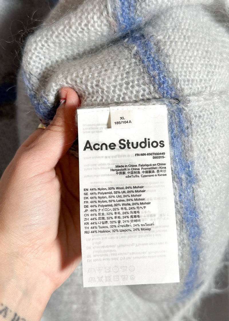 Size and material labels of Acne Studios Blue Striped Mohair Blend Light Grey Knit Sweater