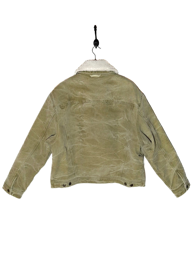 Back of Acne Studios Green Canvas Faux Shearling Orsan Trucker Jacket