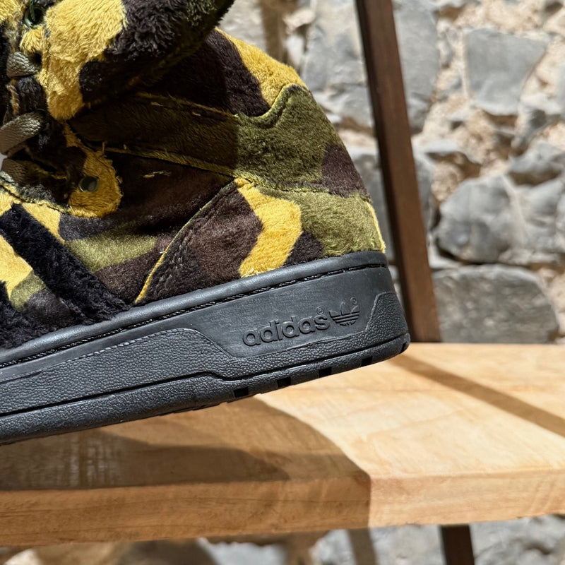 Branded sole of Adidas x Jeremy Scott Camo "Teddy Bear” High Top Sneakers