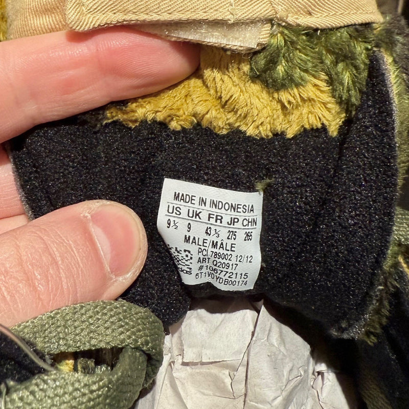 Origin and size label of Adidas x Jeremy Scott Camo "Teddy Bear” High Top Sneakers