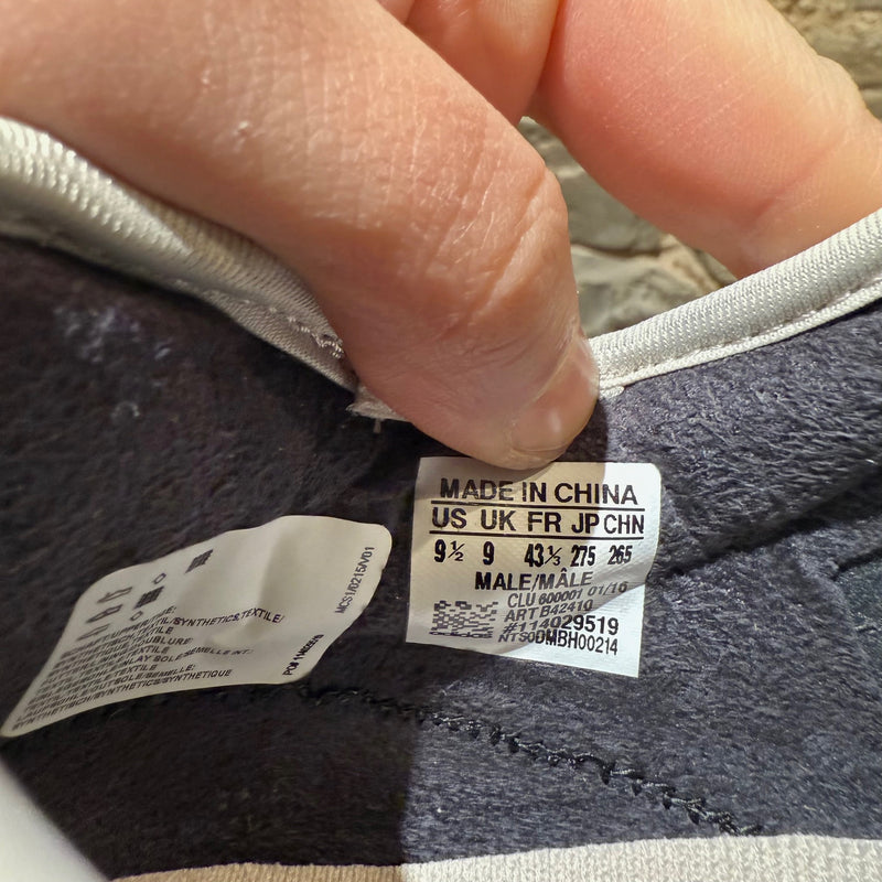 Origin and size label of Adidas YEEZY 350 Cleat Turtle Dove American Football Sneakers