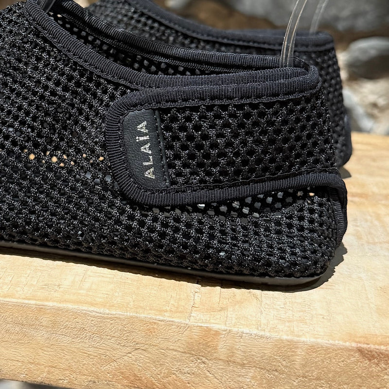 Closure of Alaïa Black Fishnet Mesh Thong Sandals