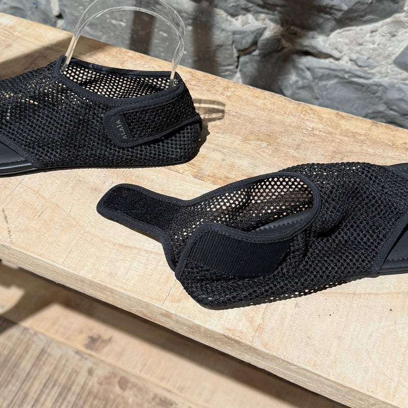 Closure of Alaïa Black Fishnet Mesh Thong Sandals
