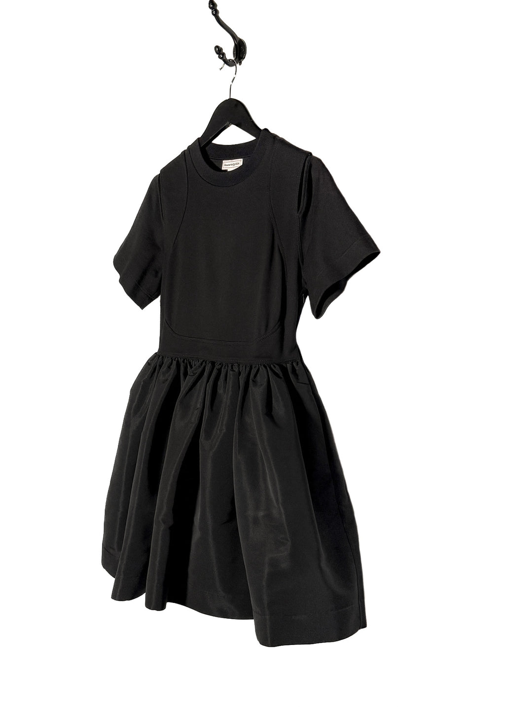 Side front view of Alexander McQueen 2022 Black Short Sleeves Cut Out Flare Mini Dress