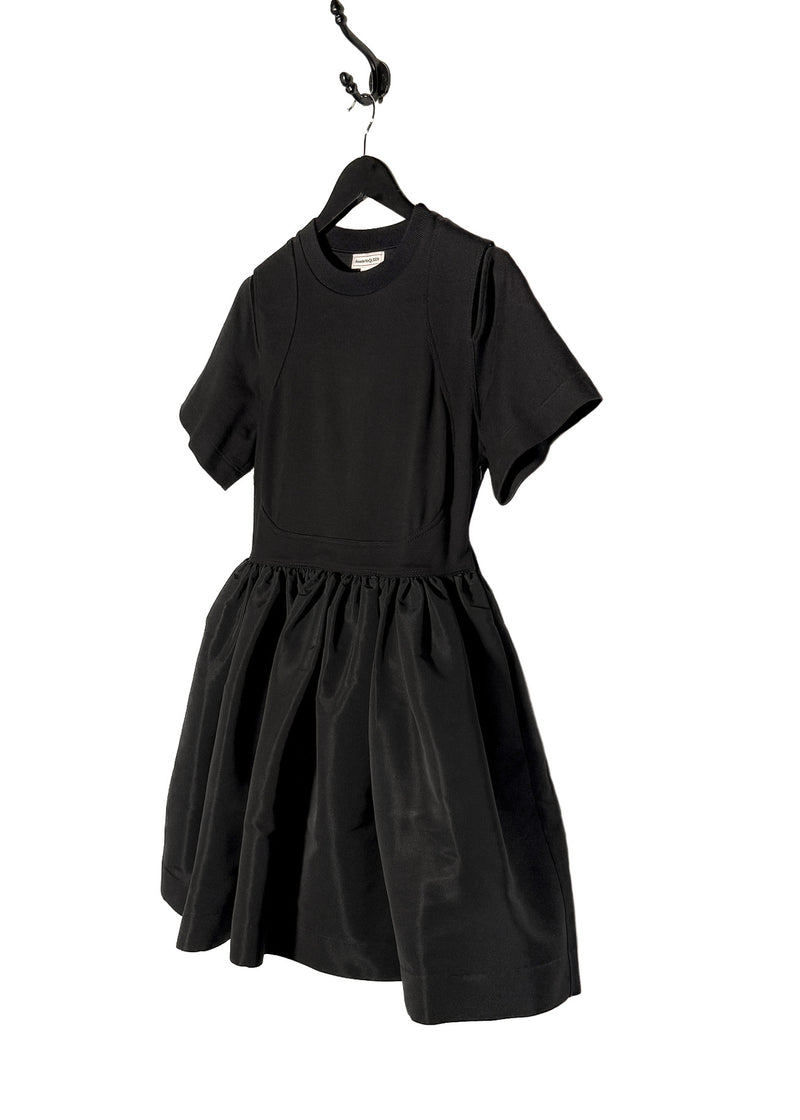 Side front view of Alexander McQueen 2022 Black Short Sleeves Cut Out Flare Mini Dress