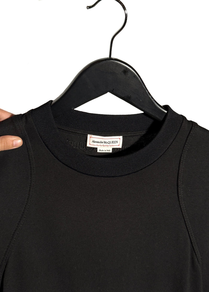 Collar area of Alexander McQueen 2022 Black Short Sleeves Cut Out Flare Mini Dress