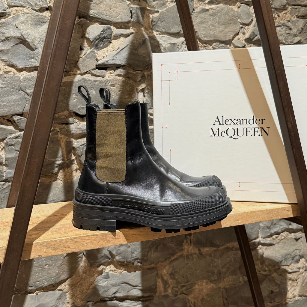 Main photo of Alexander McQueen Black Leather Khaki Tread Slick Chelsea Boots