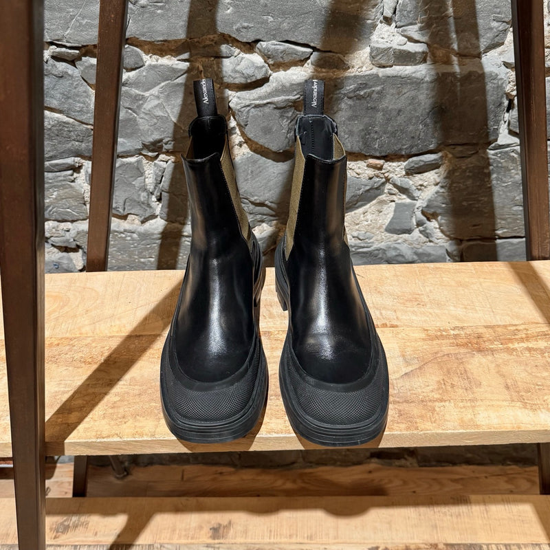 Top view of Alexander McQueen Black Leather Khaki Tread Slick Chelsea Boots