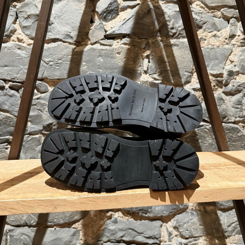 Branded outsole of Alexander McQueen Black Leather Khaki Tread Slick Chelsea Boots