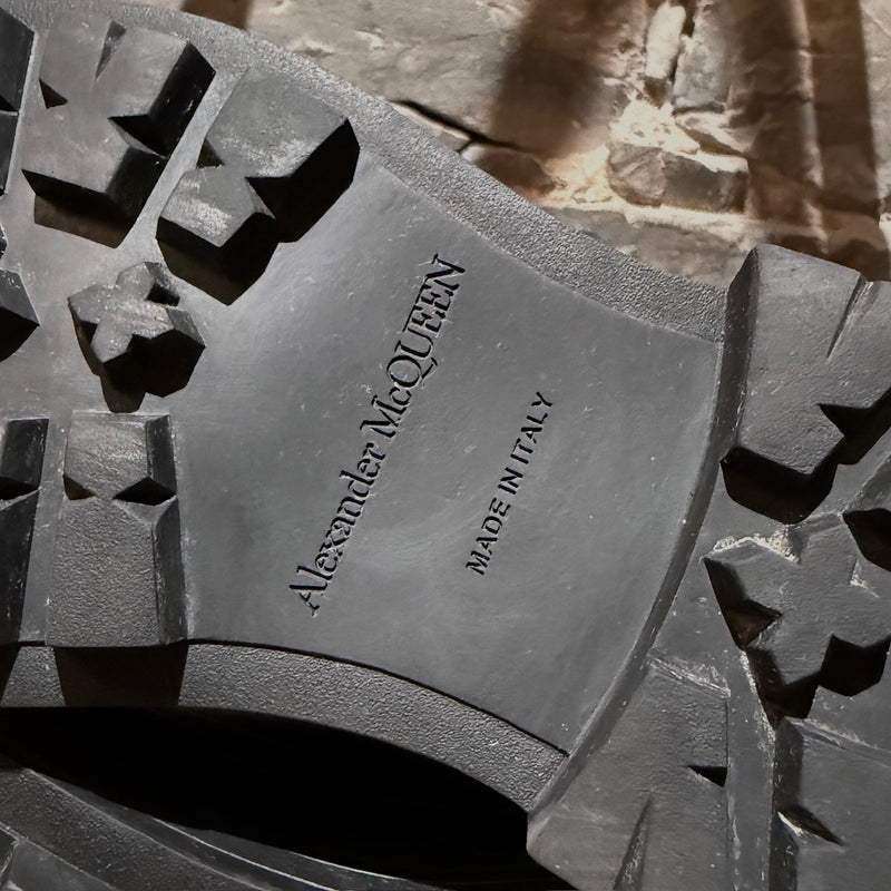 Stamps of Alexander McQueen Black Leather Khaki Tread Slick Chelsea Boots