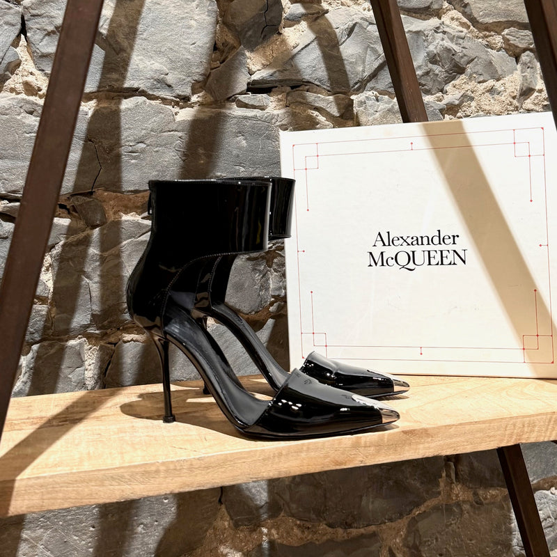 Main photo of Alexander McQueen Black Patent Ankle Strap Punk Pumps