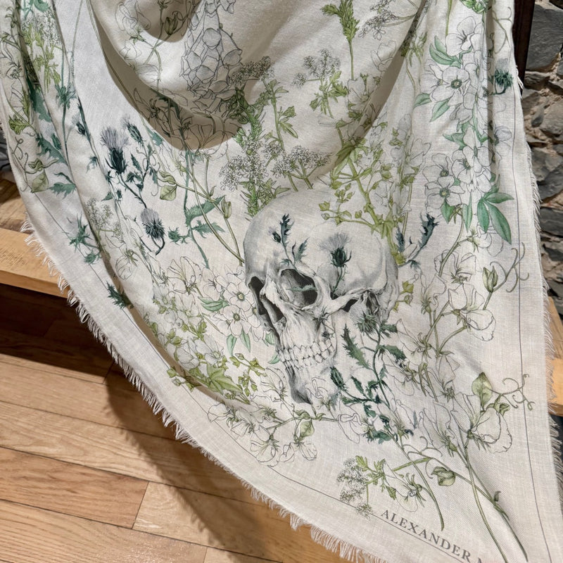 Alexander McQueen Ivory Green Floral Lily Skull Stole Scarf