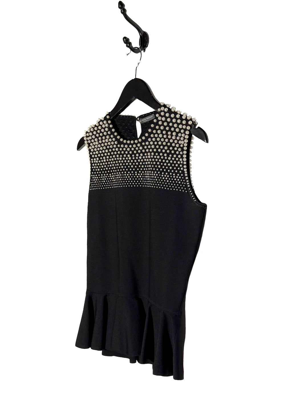 Side front view of Alexander Mcqueen Pearls Embellished Black Peplum Sleeveless Top