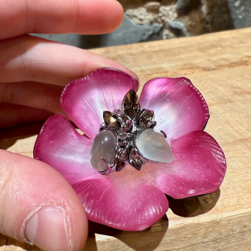 Close-up on Alexis Bittar Crystal Embellished Pink Floral Brooch