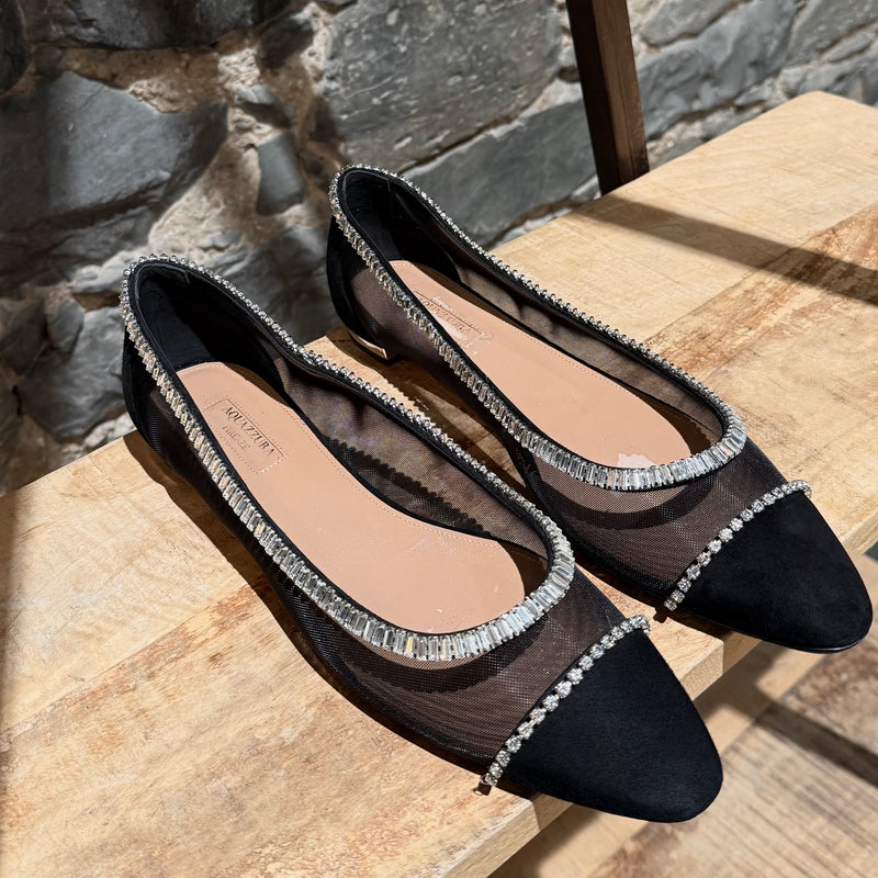 Aquazzura Black Crystal Embellished Mesh Flats
