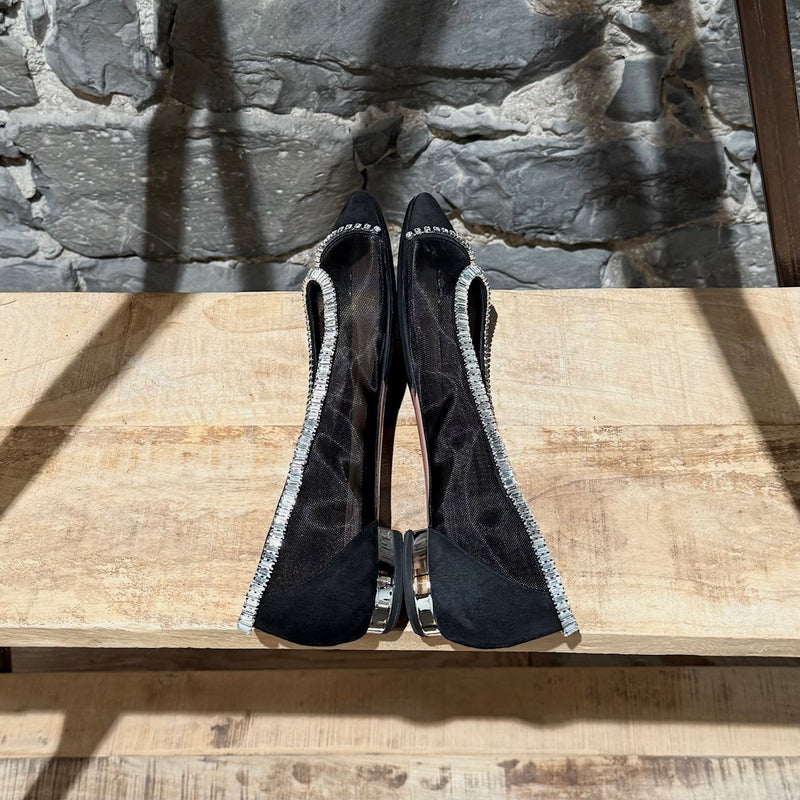 Aquazzura Black Crystal Embellished Mesh Flats