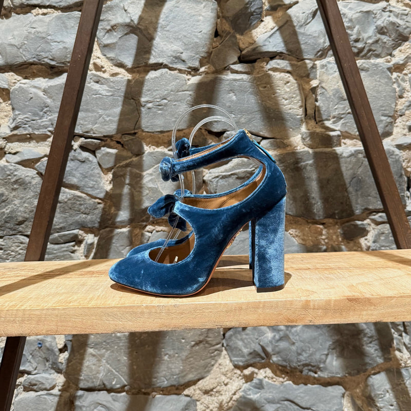 Aquazzura Blue Velvet Mary Jane Sandy Bows Pumps