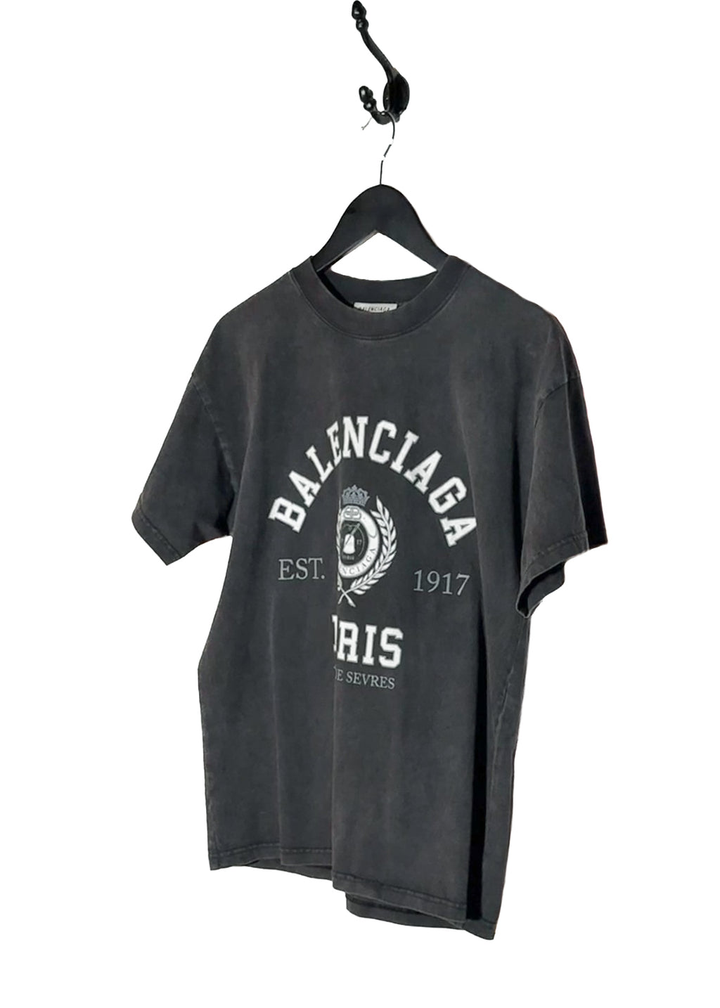 Front side of Balenciaga 2021 Washed Black Logo College 1917 T-shirt