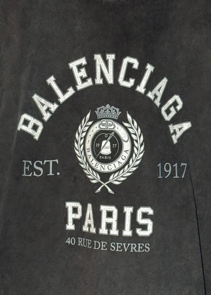 Front logo of Balenciaga 2021 Washed Black Logo College 1917 T-shirt