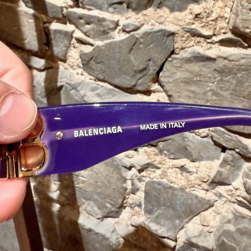 Brand and origin inside a branch of Balenciaga BB0096S Purple Dynasty Rectangular Sunglasses