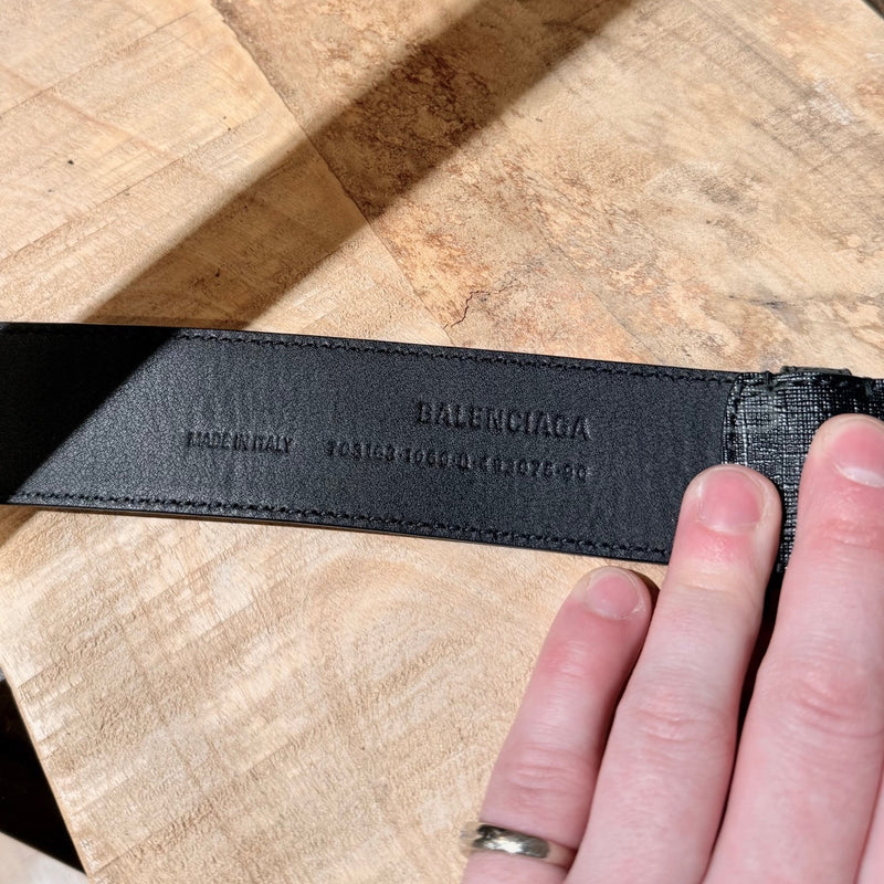 Band, origin and serial number stamps of Balenciaga Signature BB Monogram Black Belt