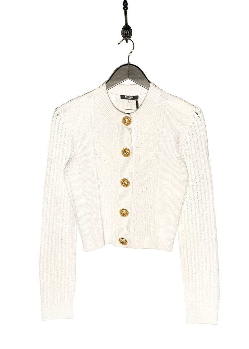 Balmain Gold Buttons White Cropped Cardigan Sweater