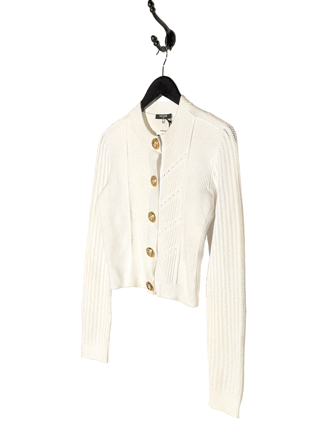 Balmain Gold Buttons White Cropped Cardigan Sweater