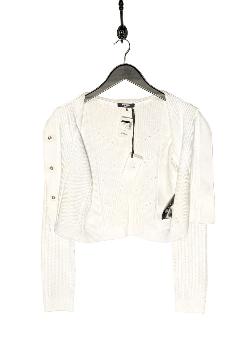 Balmain Gold Buttons White Cropped Cardigan Sweater
