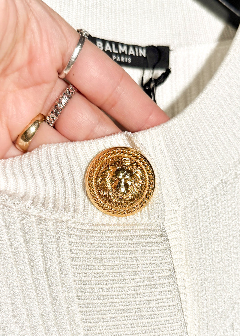 Balmain Gold Buttons White Cropped Cardigan Sweater