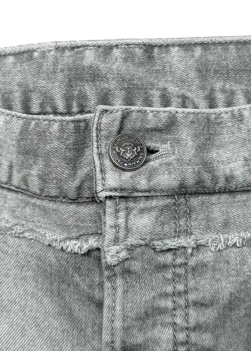 Branded button closure of Balmain Grey Distressed Slim Jeans