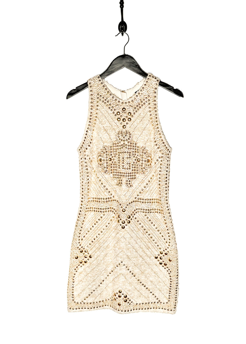 Balmain Ivory Gold Studded Embellished Tweed Dress – Boutique LUC.S